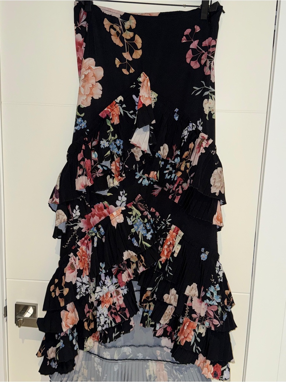 Floral Black High-Low Tiered Pleated Skirt